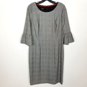 TALBOTS Women Bell Sleeves Houndstooth Plaid Sheath Dress Sz 10 Gray Preppy